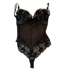 Chantelle black sheer embroidered lace bodysuit lingerie size 38 France